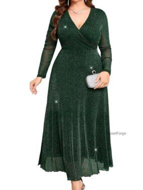 Plus Size Sparkly Mesh Maxi Dress V-Neck Long Sleeve A-Line Gown